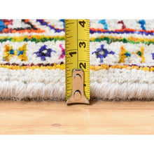 Load image into Gallery viewer, 2&#39;4&quot;x10&#39;2&quot; Colorful Wool And Sari Silk Sarouk Mir Inspired With Repetitive Boteh Design Hand Knotted Oriental Runner Rug FWR374028