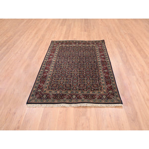 4'x6' Pitch Black New Zealand Wool All Over Herat Fish Design Hand Knotted Oriental Rug FWR374070