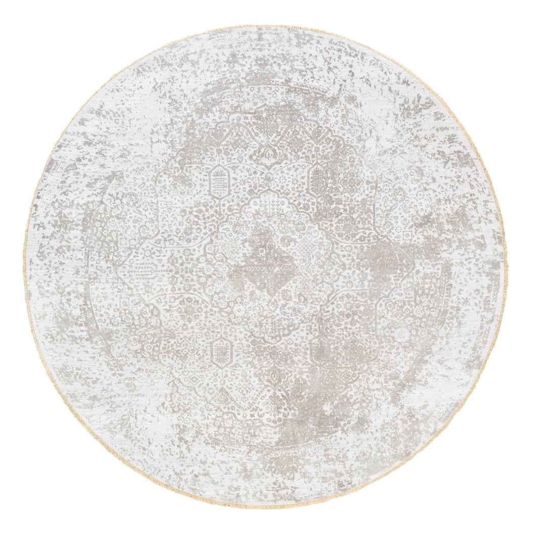 10'x10' Round Grey Broken Persian Design Wool And Pure Silk Hand Knotted Oriental Rug FWR374208