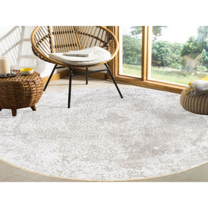 10'x10' Round Grey Broken Persian Design Wool And Pure Silk Hand Knotted Oriental Rug FWR374208