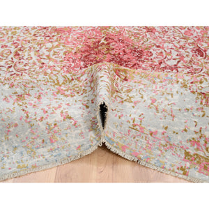 9'1"x12' Pink Wool And Pure Silk Medallion Erased Persian Design Hand Knotted Oriental Rug FWR374238