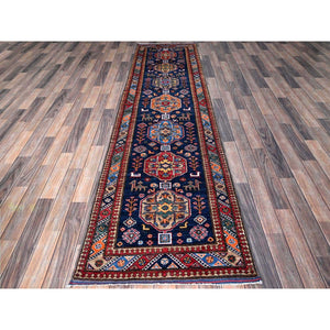2'8"x9'6" Navy Blue, Afghan Ersari with Turkish Knot, Caucasian Design Revival, Small Animal Figurines, Vegetable Dyes, Densely Woven, Hand Knotted, Soft Wool, Runner, Oriental Rug Sh623 FWR3738