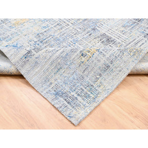 8'1"x10' Dark Gray With Touches Of Blue And Yellow Modern Wool And Silk Hand Knotted Oriental Rug FWR374430