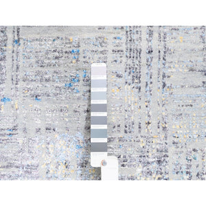 8'1"x10' Dark Gray With Touches Of Blue And Yellow Modern Wool And Silk Hand Knotted Oriental Rug FWR374430