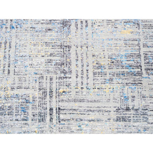 8'1"x10' Dark Gray With Touches Of Blue And Yellow Modern Wool And Silk Hand Knotted Oriental Rug FWR374430