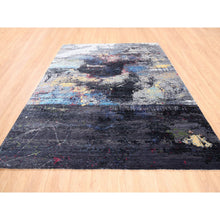 Load image into Gallery viewer, 8&#39;x10&#39; Charcoal Black With Pop Of Colors Modern Wool And Silk Hand Knotted Oriental Rug FWR374442