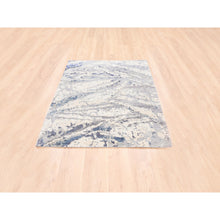 Load image into Gallery viewer, 4&#39;1&quot;x5&#39;9&quot; Ivory With A Mix Of Blue And Gray Wool And Silk Hand Knotted Abstract Design Modern Oriental Rug FWR374574