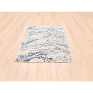4'1"x5'9" Ivory With A Mix Of Blue And Gray Wool And Silk Hand Knotted Abstract Design Modern Oriental Rug FWR374574