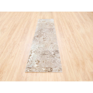2'9"x10' Beige With A Mix Of Brown Modern Wool And Silk Hand Knotted Oriental Runner Rug FWR374622