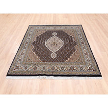 Load image into Gallery viewer, 6&#39;1&quot;x6&#39;1&quot; Tabriz Mahi Fish Medallion Design Black Hand Knotted Wool Oriental Square Rug FWR375300