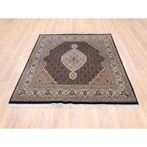 6'1"x6'1" Tabriz Mahi Fish Medallion Design Black Hand Knotted Wool Oriental Square Rug FWR375300