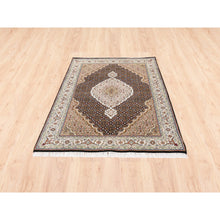Load image into Gallery viewer, 3&#39;10&quot;x6&#39; Hand Knotted Black Tabriz Mahi Fish Medallion Design Wool Oriental Rug FWR375714