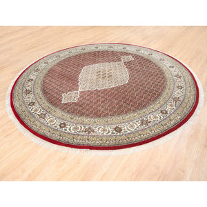 9'10"x9'10" Hand Knotted Red Tabriz Mahi Fish Medallion Design Wool Oriental Round Rug FWR375798