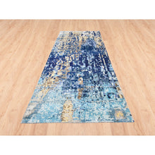 Load image into Gallery viewer, 3&#39;10&quot;x11&#39;8&quot; Hand Knotted Blue Mosaic Design Wool And Silk Persian Knot Oriental Wide Runner Rug FWR375900