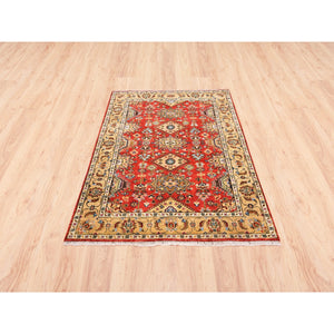4'1"x6' Red With A Mix Of Gold Karajeh Design Organic Wool Hand Knotted Oriental Rug FWR375906