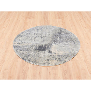 4'10"x4'10" Round Taupe Wool and Silk Abstract with Mosaic Design Hand Knotted Persian Knot Oriental Rug FWR376098