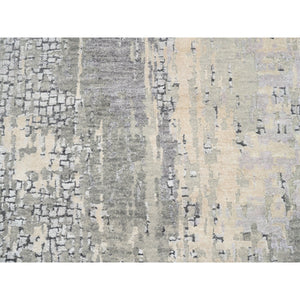 2'6"x11'8" Wool And Silk Taupe Abstract With Mosaic Design Hand Knotted Persian Knot Oriental Runner Rug FWR376140