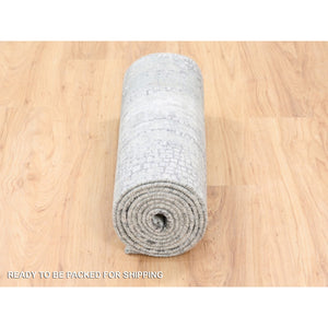 2'6"x11'8" Wool And Silk Taupe Abstract With Mosaic Design Hand Knotted Persian Knot Oriental Runner Rug FWR376140