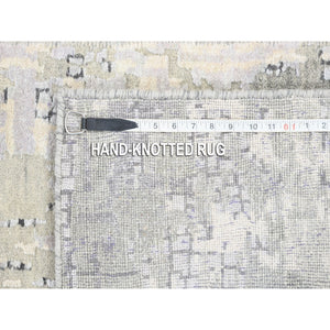 2'6"x11'8" Wool And Silk Taupe Abstract With Mosaic Design Hand Knotted Persian Knot Oriental Runner Rug FWR376140
