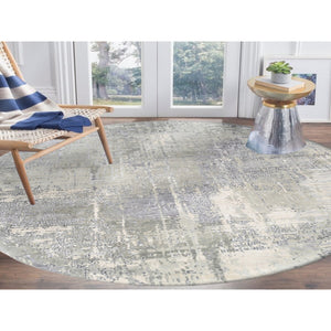 11'9"x11'9" Round Abstract With Mosaic Design Taupe Wool And Silk Hand Knotted Persian Knot Oriental Rug FWR376158