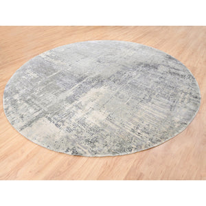 11'9"x11'9" Round Abstract With Mosaic Design Taupe Wool And Silk Hand Knotted Persian Knot Oriental Rug FWR376158
