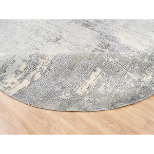 11'9"x11'9" Round Abstract With Mosaic Design Taupe Wool And Silk Hand Knotted Persian Knot Oriental Rug FWR376158