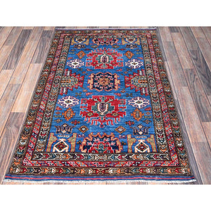 3'x4'6" Bayern Blue, Afghan Ersari with Turkish Knot, Caucasian Design Revival, Vegetable Dyes, Densely Woven, Hand Knotted, Soft and Velvety Wool, Oriental Rug FWR3762
