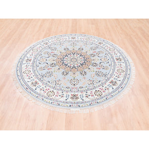 6'1"x6'1" Round Wool 250 KPSI Nain Light Blue with an Ivory Border Hand Knotted Center Medallion Flower Design Fine Oriental Rug FWR376884