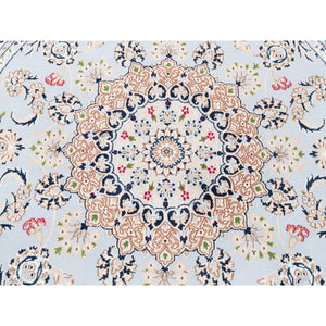 6'1"x6'1" Round Wool 250 Kpsi Nain Light Blue With An Ivory Border Hand Knotted Center Medallion Flower Design Fine Oriental Rug FWR376884