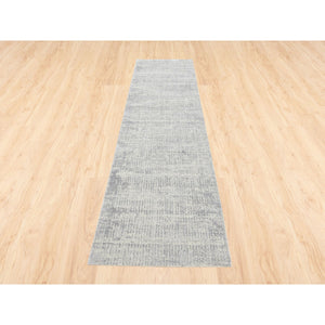 2'7"x10' Modern Wool And Art Silk Fine Jacquard Gray Hand Loomed Runner Oriental Rug FWR377070
