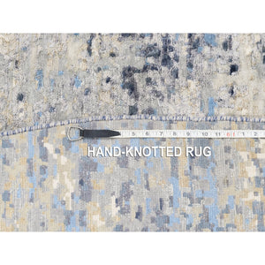 10'x10' Wool and Silk Blue Abstract with Mosaic Design Hand Knotted Oriental Round Rug FWR377226