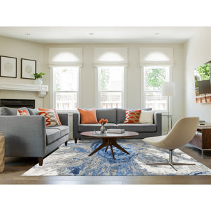 10'1"x10'1" Denim Blue With Taupe Abstract Design Wool And Silk Hi-low Pile Hand Knotted Oriental Square Rug FWR377268