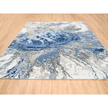 Load image into Gallery viewer, 10&#39;1&quot;x10&#39;1&quot; Denim Blue With Taupe Abstract Design Wool And Silk Hi-low Pile Hand Knotted Oriental Square Rug FWR377268