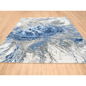 10'1"x10'1" Denim Blue With Taupe Abstract Design Wool And Silk Hi-low Pile Hand Knotted Oriental Square Rug FWR377268