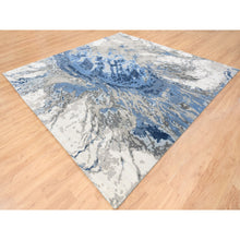 Load image into Gallery viewer, 10&#39;1&quot;x10&#39;1&quot; Denim Blue With Taupe Abstract Design Wool And Silk Hi-low Pile Hand Knotted Oriental Square Rug FWR377268