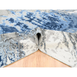 10'1"x10'1" Denim Blue With Taupe Abstract Design Wool And Silk Hi-low Pile Hand Knotted Oriental Square Rug FWR377268