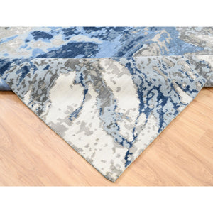 10'1"x10'1" Denim Blue With Taupe Abstract Design Wool And Silk Hi-low Pile Hand Knotted Oriental Square Rug FWR377268