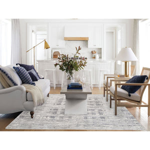 8'x8' Modern Criss Cross Erased Design Hand Spun Undyed Natural Wool Hand Knotted Light Gray Oriental Square Rug FWR377352