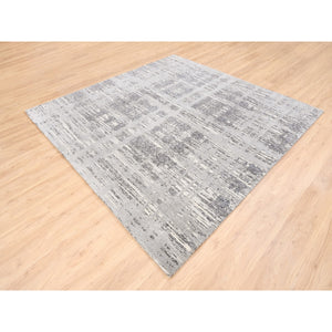 8'x8' Modern Criss Cross Erased Design Hand Spun Undyed Natural Wool Hand Knotted Light Gray Oriental Square Rug FWR377352