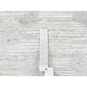 4'x12' Modern Hand Spun Undyed Natural Wool Cut And Loop Pile Hand Knotted Ivory With Gray Oriental Wide Runner Rug FWR377436