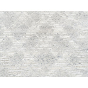4'x12' Modern Hand Spun Undyed Natural Wool Cut And Loop Pile Hand Knotted Ivory With Gray Oriental Wide Runner Rug FWR377436