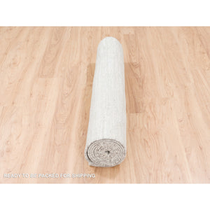 4'x12' Modern Hand Spun Undyed Natural Wool Cut And Loop Pile Hand Knotted Ivory With Gray Oriental Wide Runner Rug FWR377436