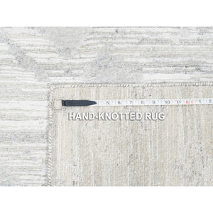 4'x12' Modern Hand Spun Undyed Natural Wool Cut And Loop Pile Hand Knotted Ivory With Gray Oriental Wide Runner Rug FWR377436
