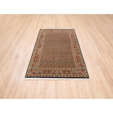 Load image into Gallery viewer, 4&#39;2&quot;x6&#39;3&quot; Pitch Black Wool Luxury Herati Fish Design Hand Knotted Dense Weave 250 Kpsi Oriental Rug FWR377868