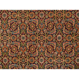 4'2"x6'3" Pitch Black Wool Luxury Herati Fish Design Hand Knotted Dense Weave 250 Kpsi Oriental Rug FWR377868