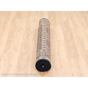 4'2"x6'3" Pitch Black Wool Luxury Herati Fish Design Hand Knotted Dense Weave 250 Kpsi Oriental Rug FWR377868