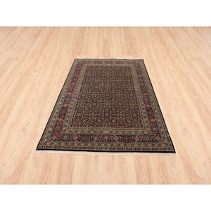 5'2"x7'4" Onyx Black Wool 175 KPSI Dense Weave Herati All Over Fish Design Hand Knotted Oriental Rug FWR377970