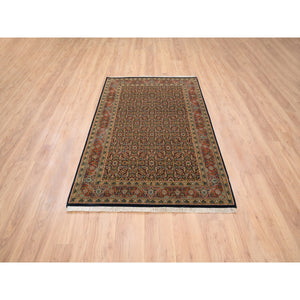 4'x6'2" Jet Black Hand Knotted Wool Herati All Over Fish Design 250 Kpsi Dense Weave Oriental Rug FWR378000