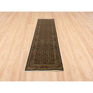 2'6"x10' Ink Black Herati All Over Fish Design Hand Knotted 250 Kpsi Dense Weave Wool Oriental Runner Rug FWR378036