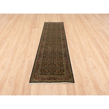 Load image into Gallery viewer, 2&#39;6&quot;x10&#39; Ink Black Herati All Over Fish Design Hand Knotted 250 Kpsi Dense Weave Wool Oriental Runner Rug FWR378036